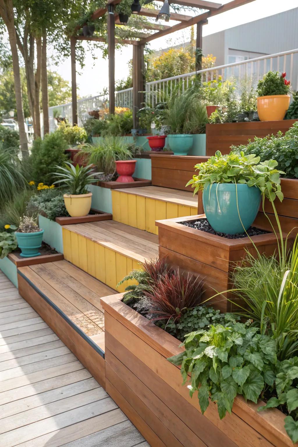 Add dimension to your garden with multi-level planter benches that captivate the eye.