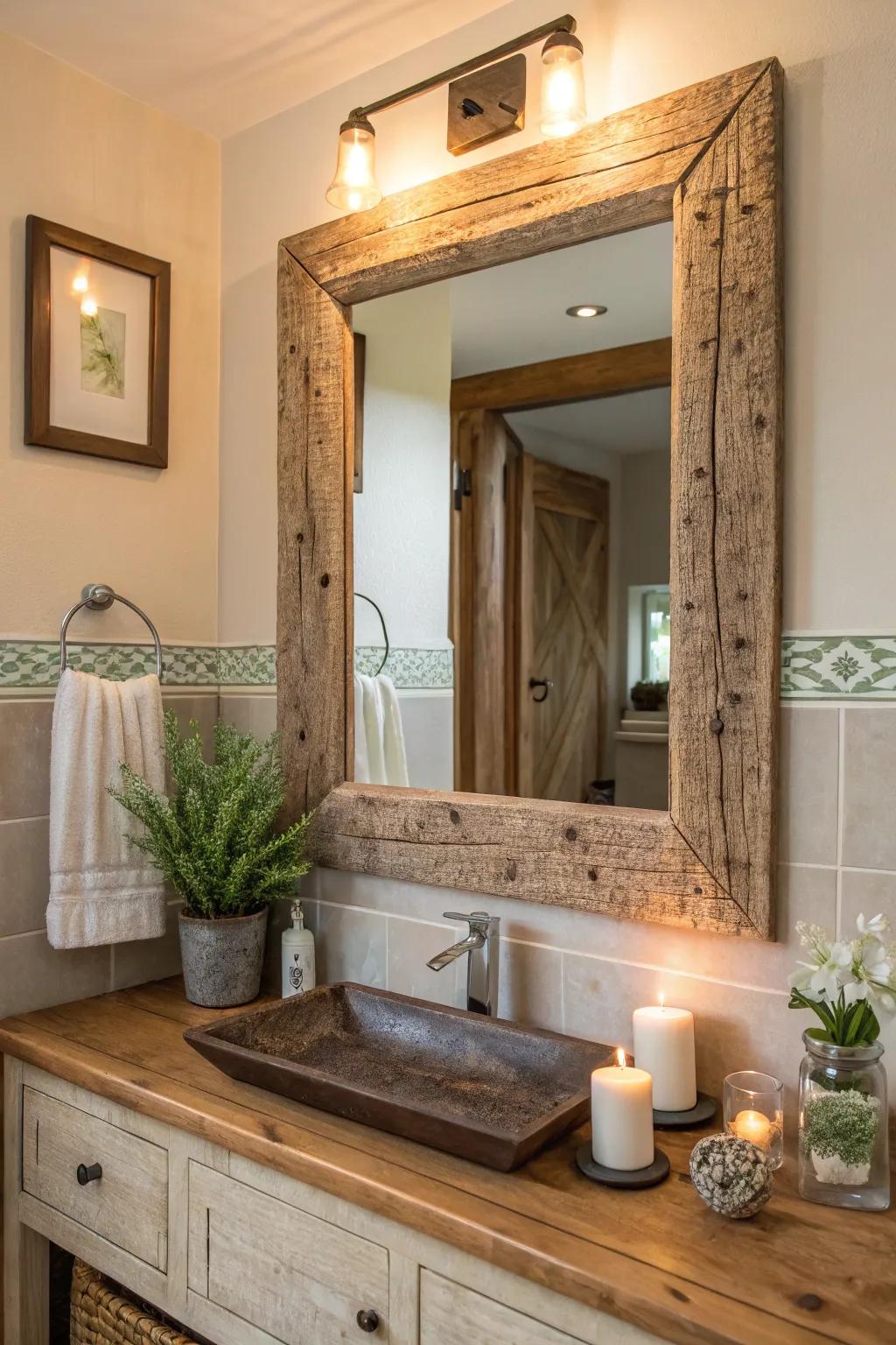 Turn your bathroom into a serene retreat with a rustic mirror.