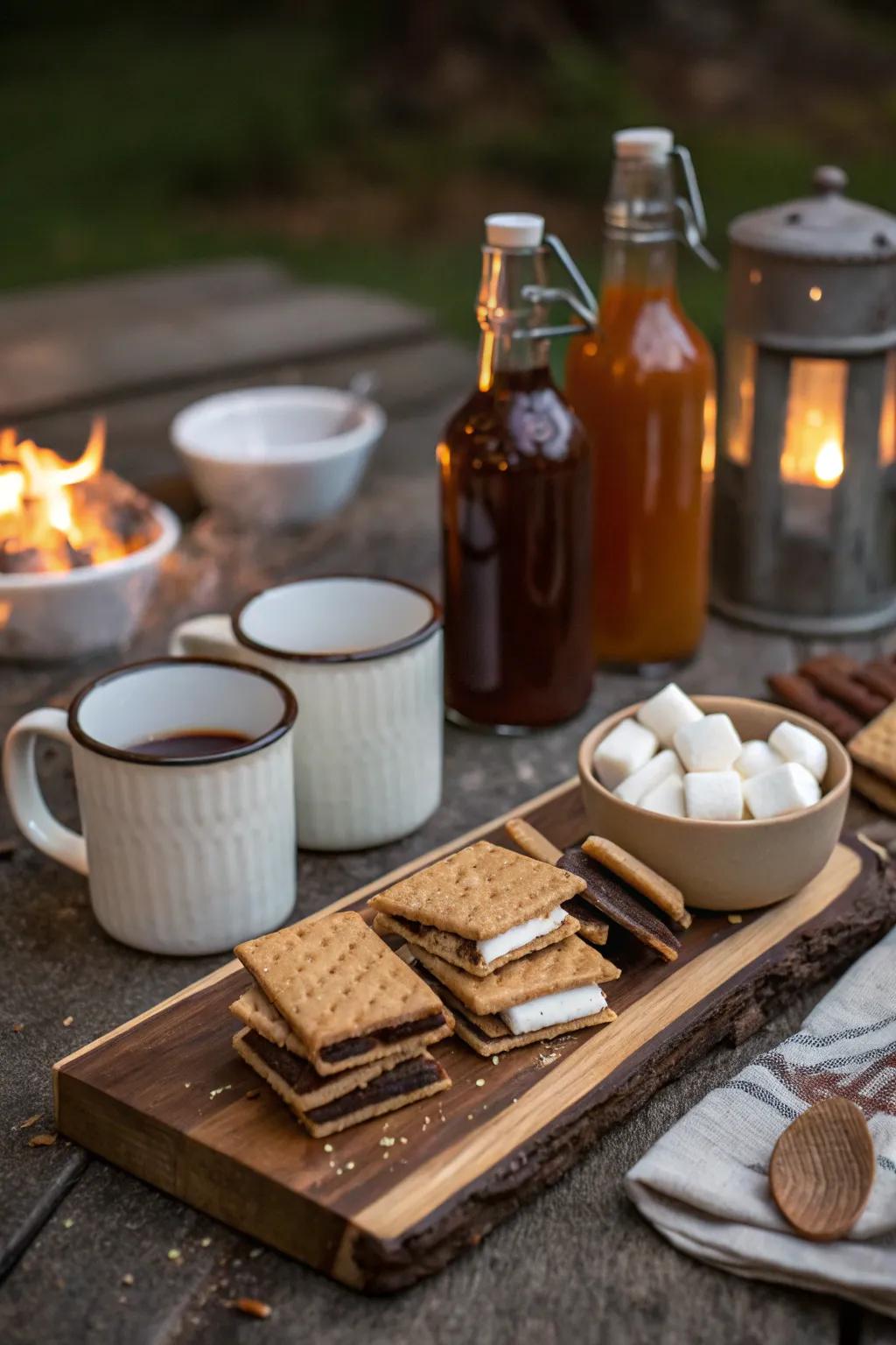 Combine childhood nostalgia with cozy comfort at a s'mores and hot drinks station. ☕#CozyVibes #OutdoorGathering #SweetTreats
