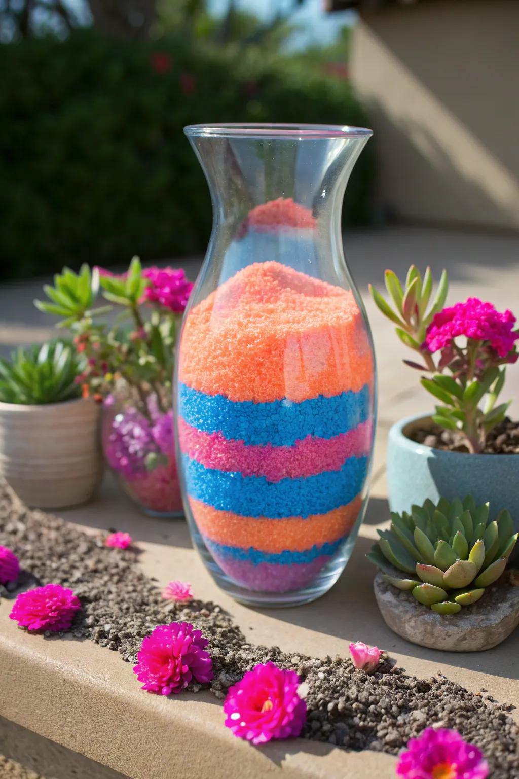 Layered sand creates a visually striking and textured vase filler.
