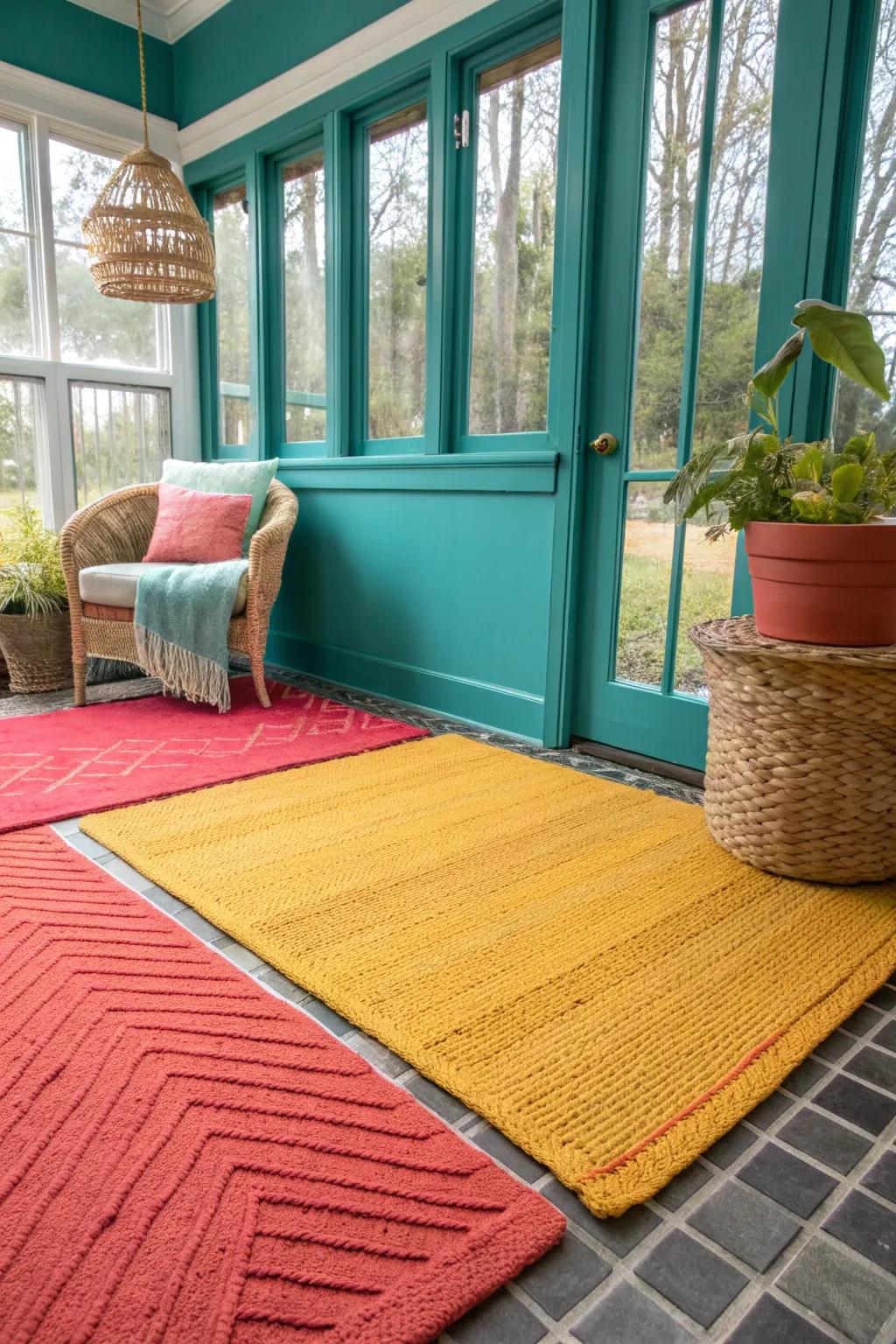 Mixing rug textures adds depth and interest to your sunroom, creating a balanced and inviting look.