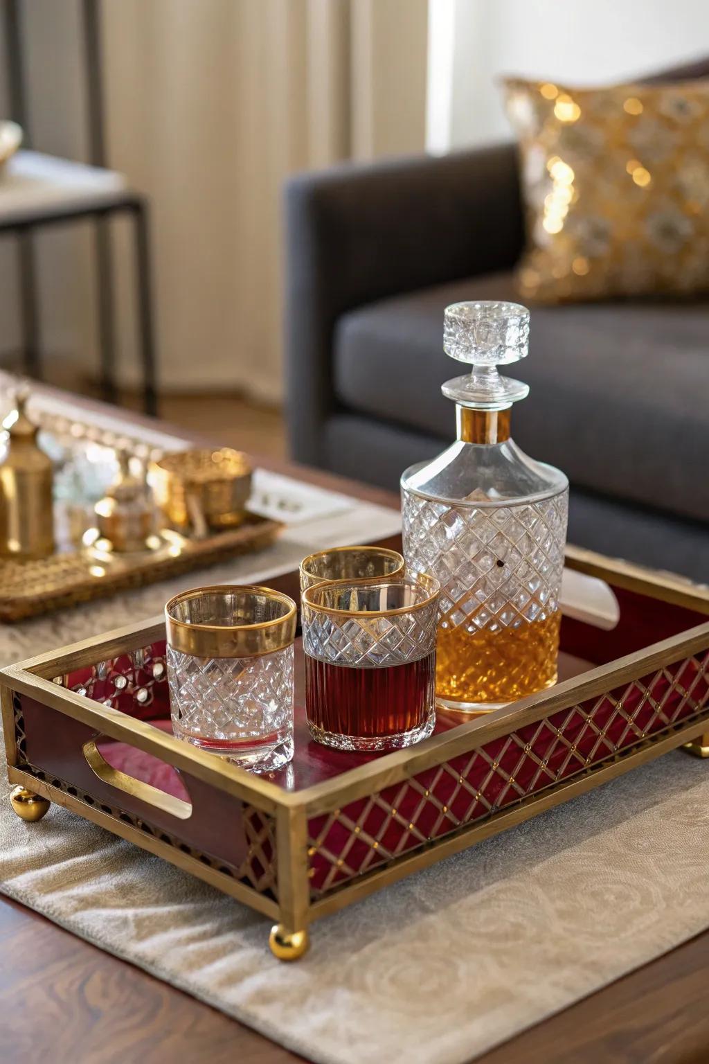 Craft a chic bar corner with a tray that showcases your finest spirits and glassware. 🍸🥃 #HomeBar #SophisticatedStyle #TrayDecor