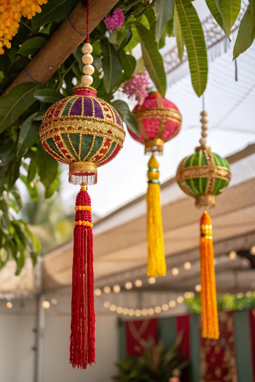 Add dynamic interest with colorful ceiling hangings for a lively festive atmosphere.