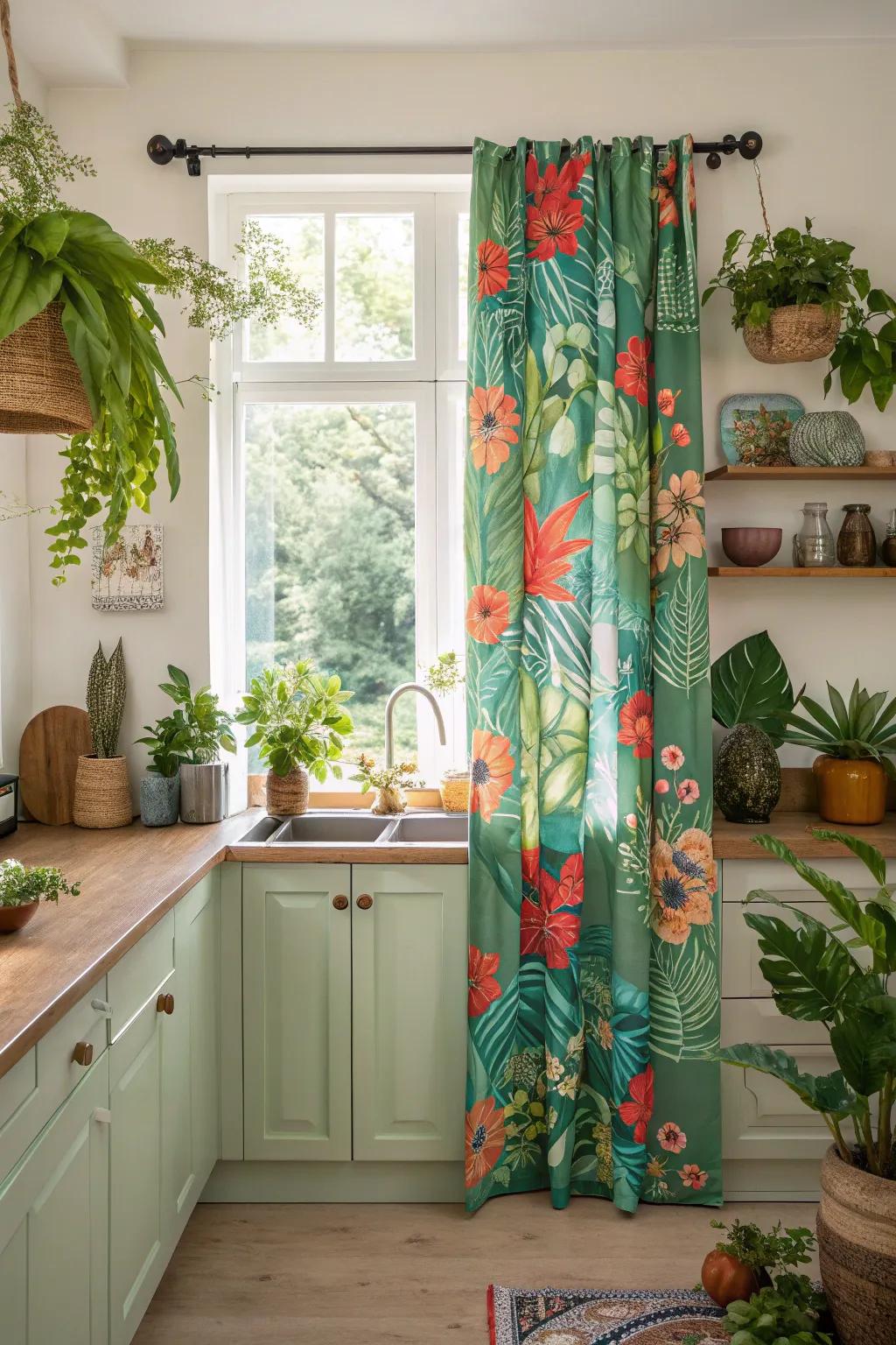 Freshen up your space with botanical print curtains, bringing a garden oasis vibe indoors.