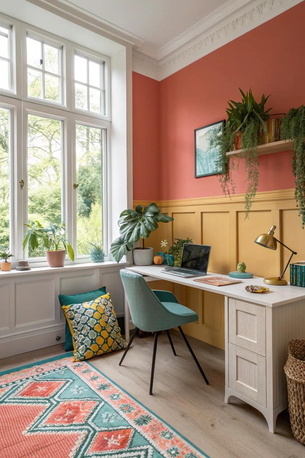 Let natural light and bright wainscoting open up your office. 🌞 #BrightSpaces #NaturalLight