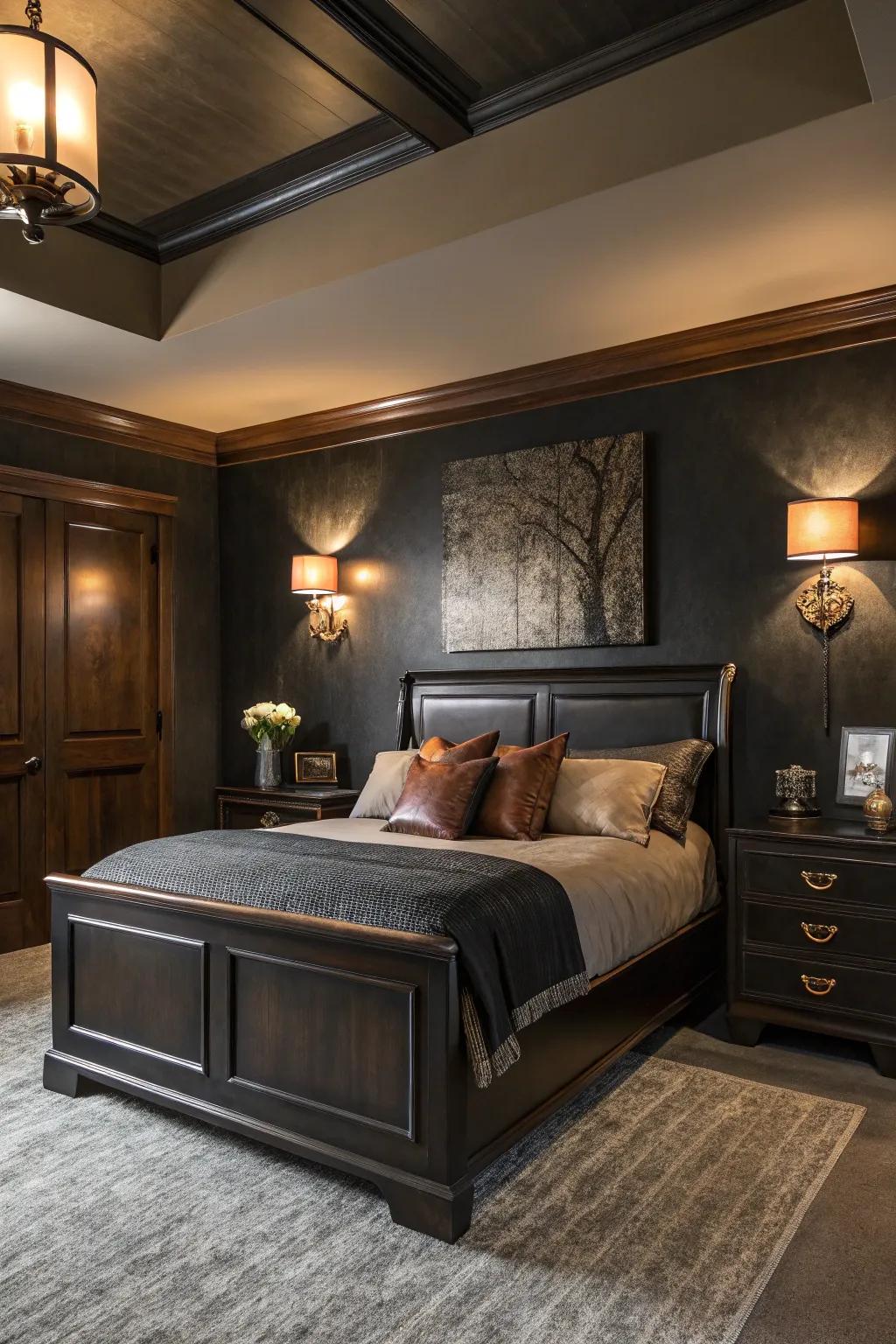 Layered lighting brings warmth and depth to your black bedroom, crafting a welcoming retreat.