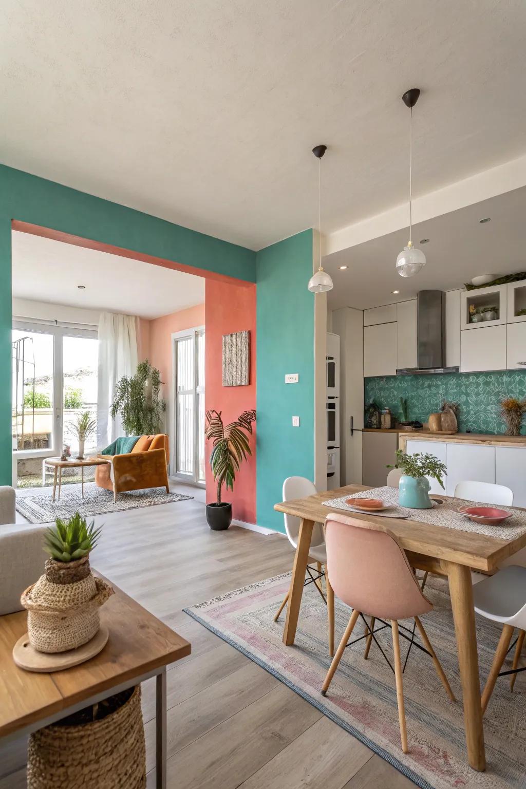 Color blocking creatively divides open spaces.