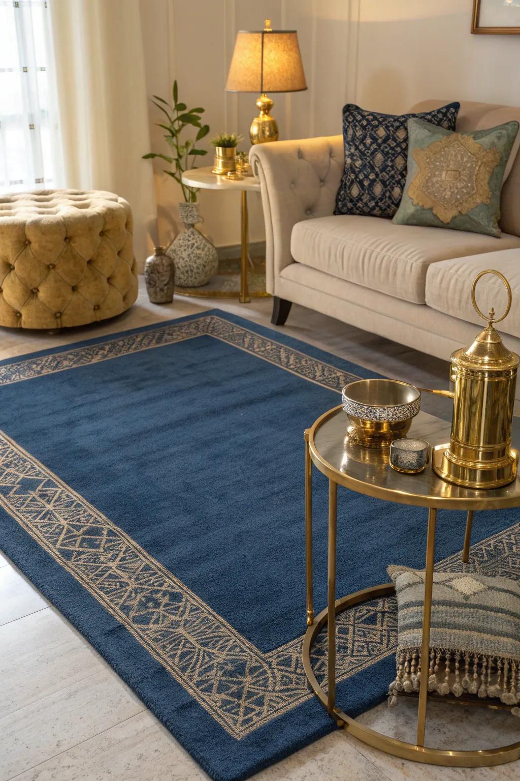 Add a luxurious touch with metallic accents paired with a deep blue rug.