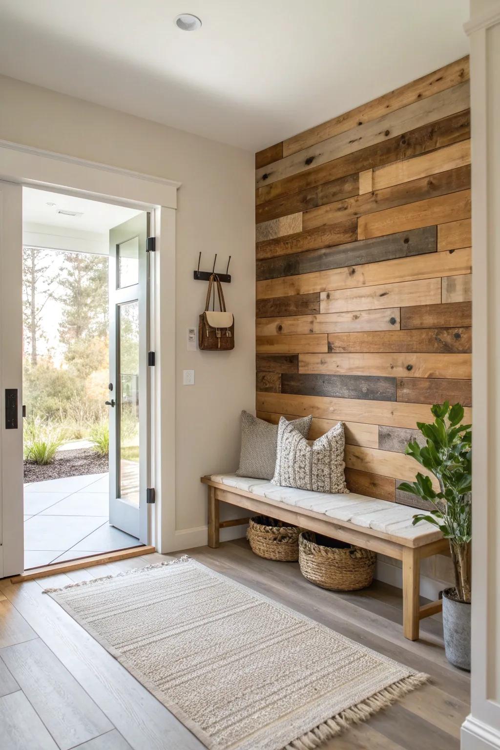 Create a sustainable statement with upcycled wood wall designs. 🌿 #EcoFriendly #EntrywayInspo