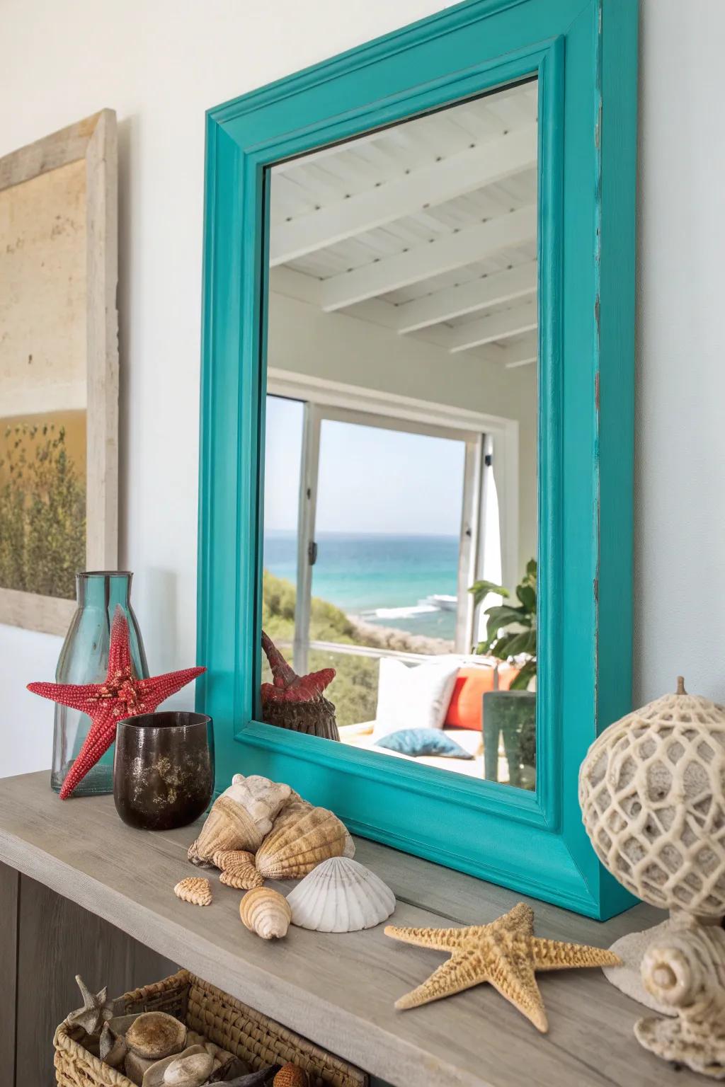 Achieve understated elegance with minimalist mirrors that echo coastal hues.