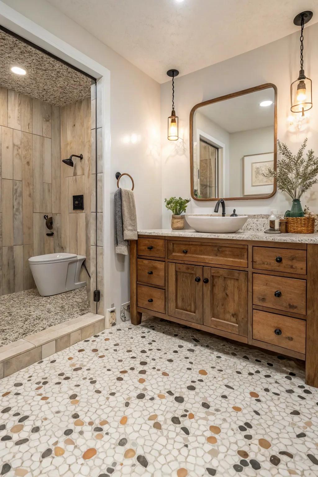 Infuse modern flair with terrazzo tiles that bring a playful touch to the farmhouse style.