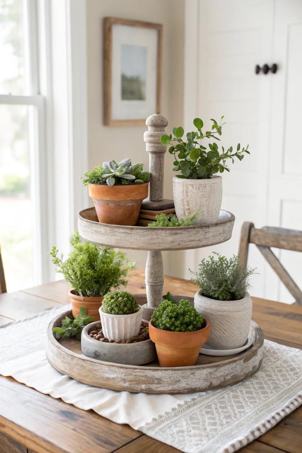 Cultivate a charming mini garden on your farmhouse tiered tray for a touch of nature indoors.