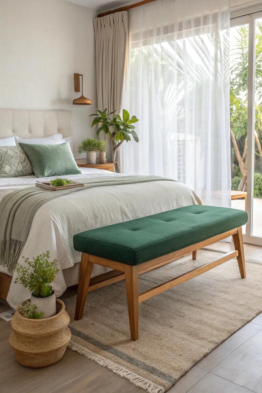 Green accent furniture adds functional flair to your bedroom design.