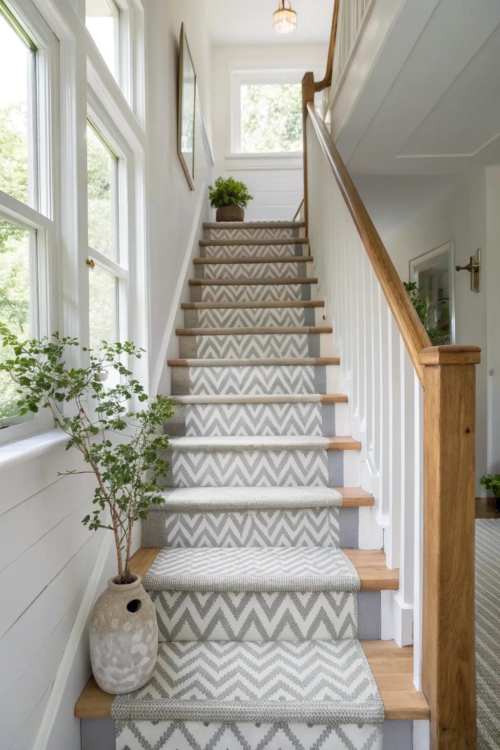 Play with patterns in grey and white for a staircase that's both fun and stylish. #PatternPlay #HomeDesign