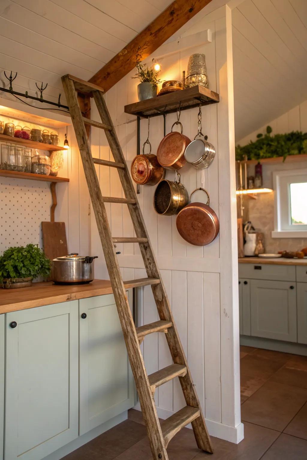 Vintage ladders offer a unique and stylish twist to kitchen storage.