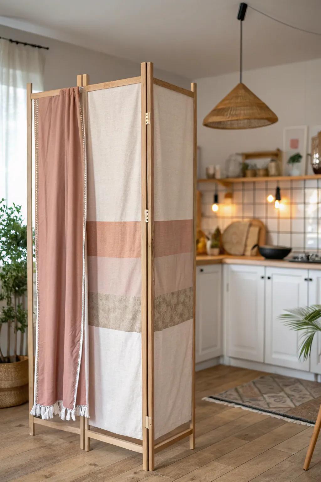 Add warmth and versatility to your kitchen with fabric panel partitions.