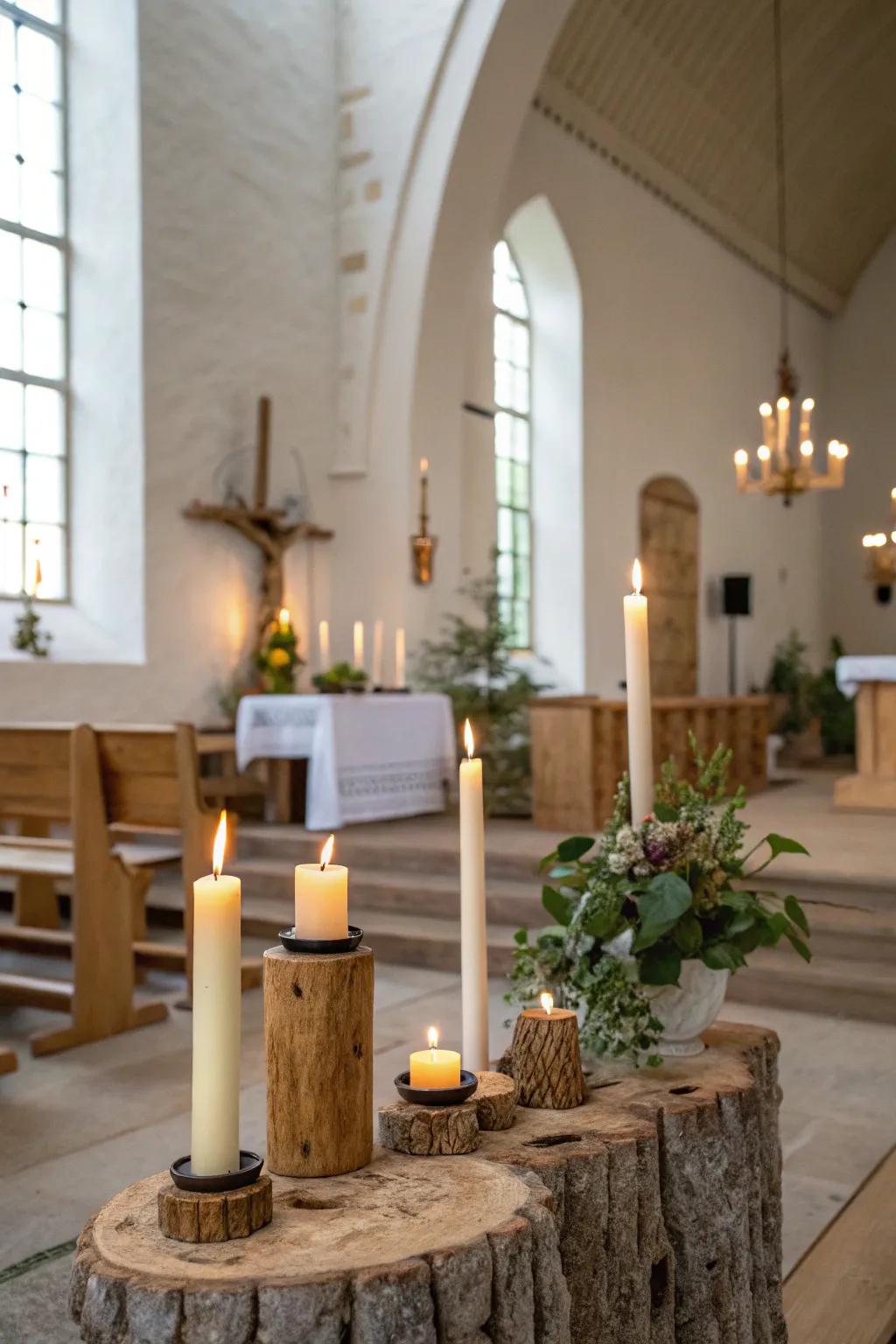 Rustic candlesticks provide a warm, inviting glow that enhances Lent decor.