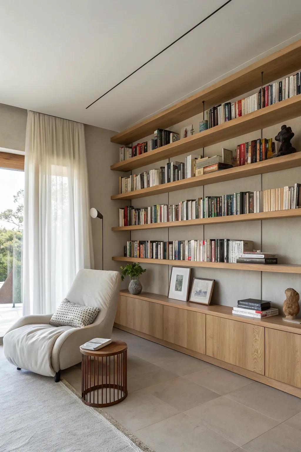 Embrace serenity with minimalist bookshelves that offer a tranquil backdrop to your reading and relaxation.