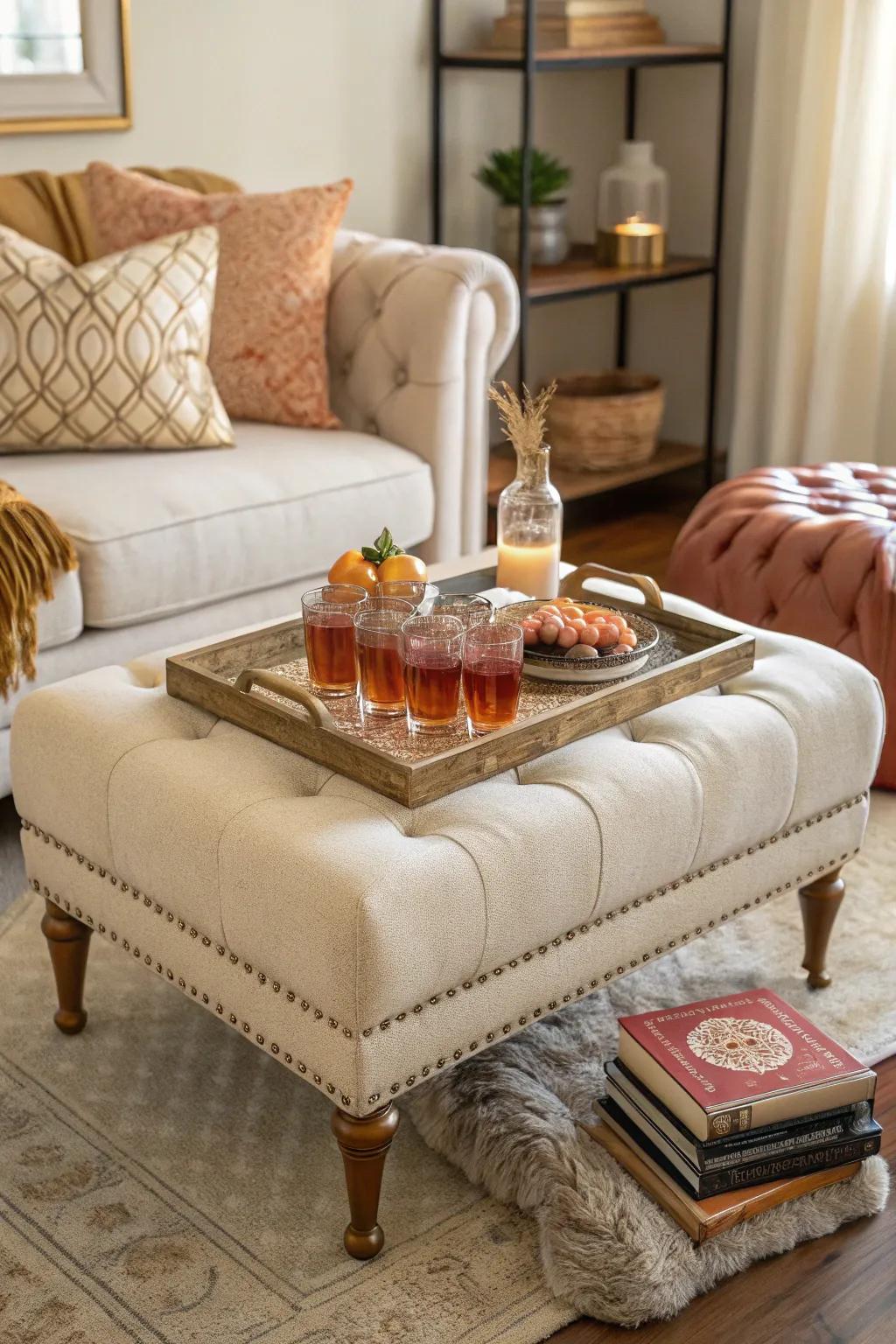 Add a tray to your ottoman for a functional and stylish touch. 💡 #TrayStyling #LivingRoomDecor