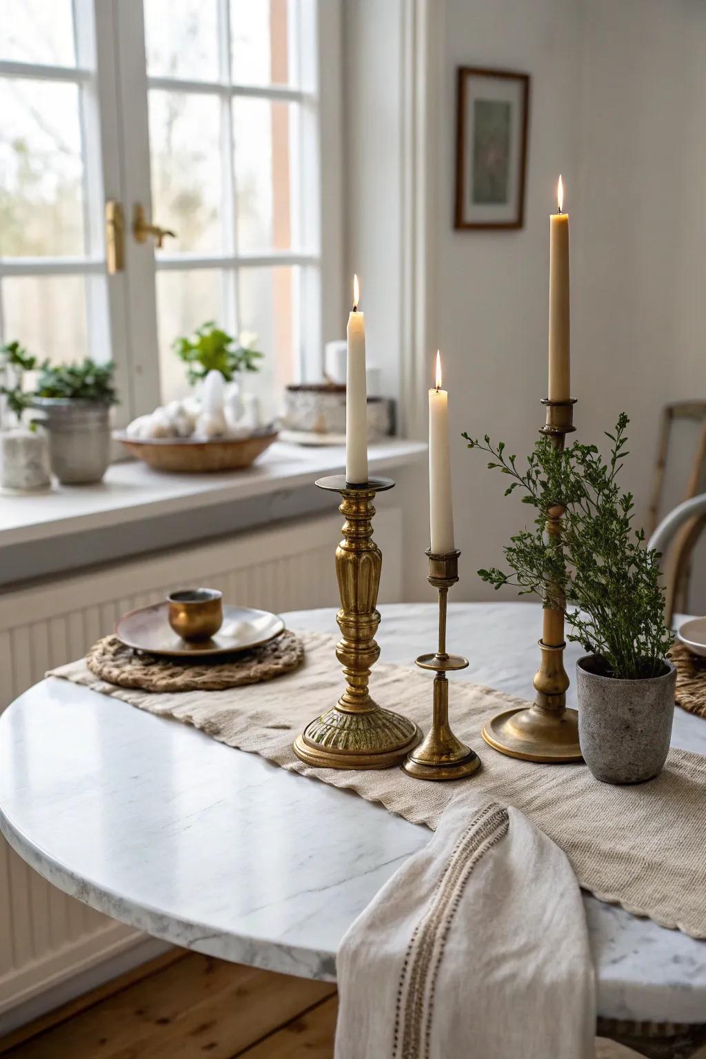 Add timeless charm with vintage touches like antique candlesticks on your marble dining table.