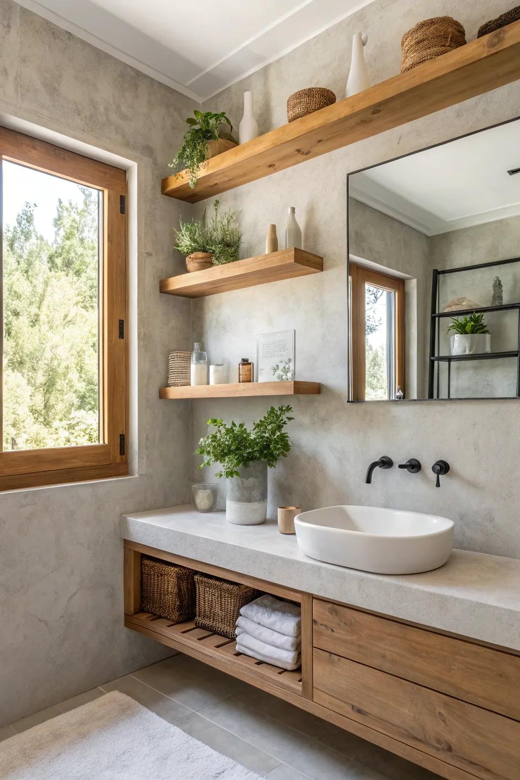 Optimize storage with sleek floating shelves on microcement walls for a clutter-free bathroom.