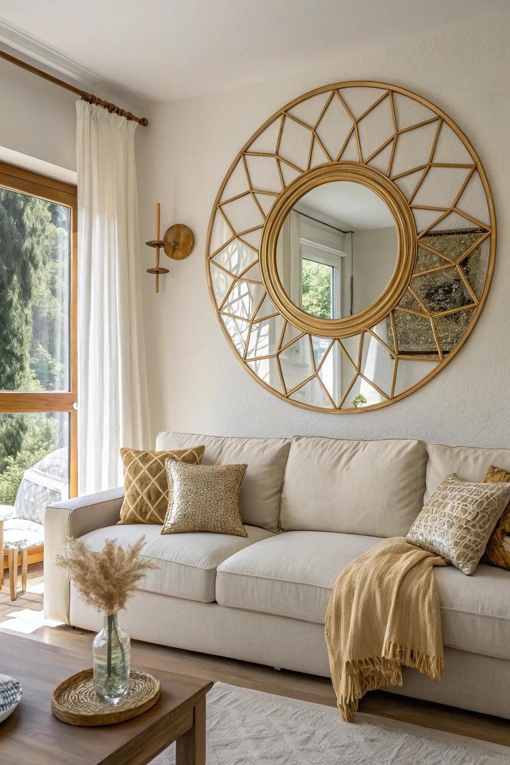 Introduce modern flair with geometric mirrors that catch the eye.
