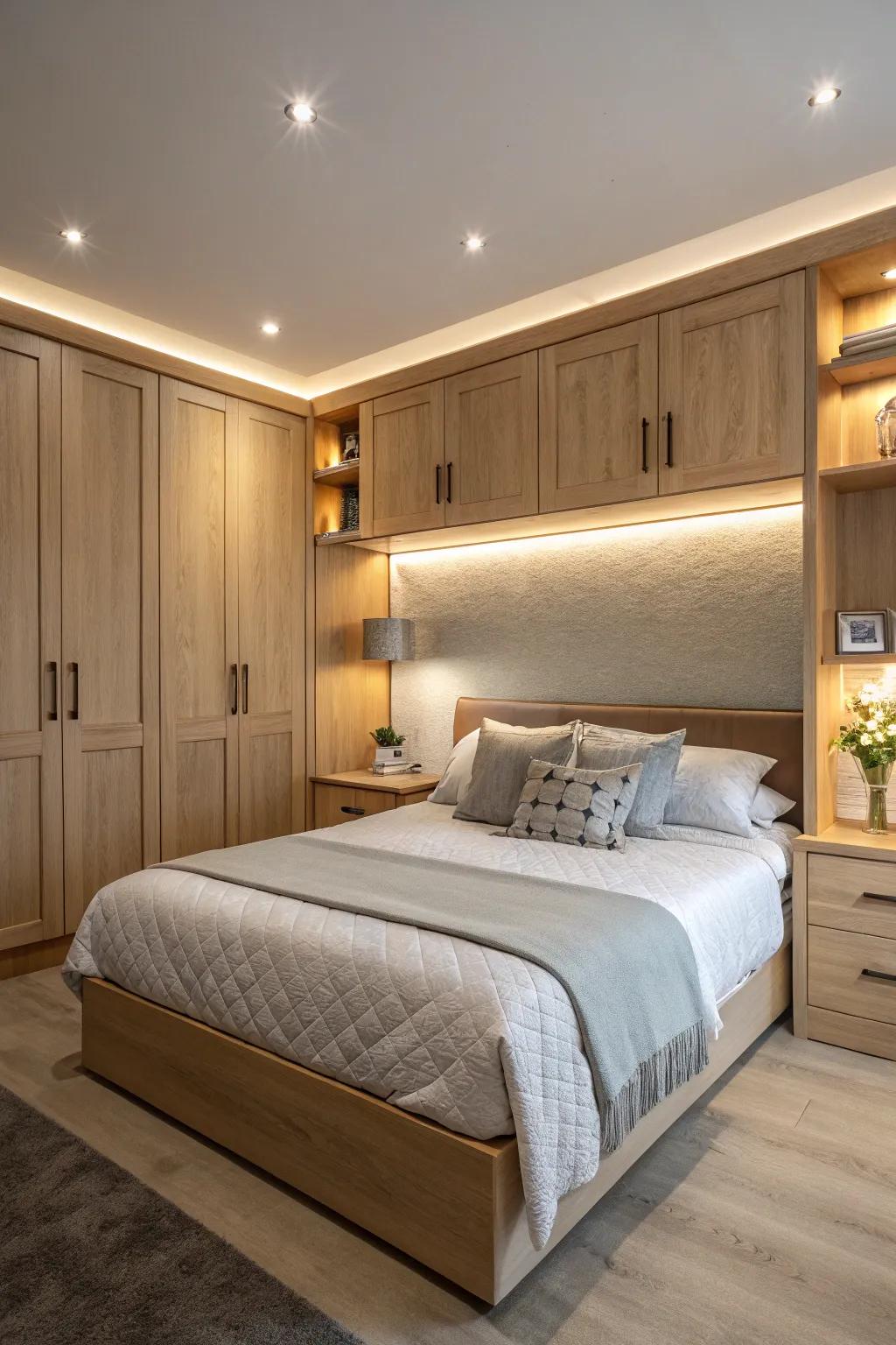 Accent lighting within storage units adds a stylish glow to your bedroom.