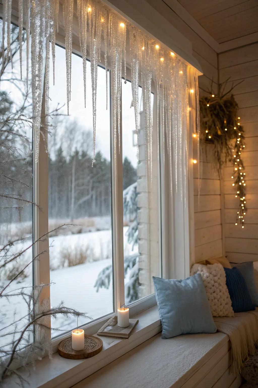 Create a sparkling frozen landscape with glittering icicles that shimmer in the light. ❄️ #IcicleDecor #WinterVibe