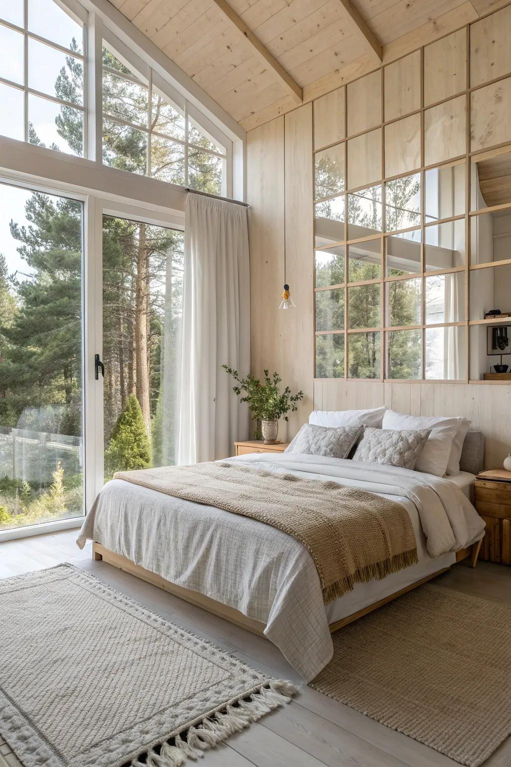 Mirror tiles in the bedroom create a dreamlike ambiance.