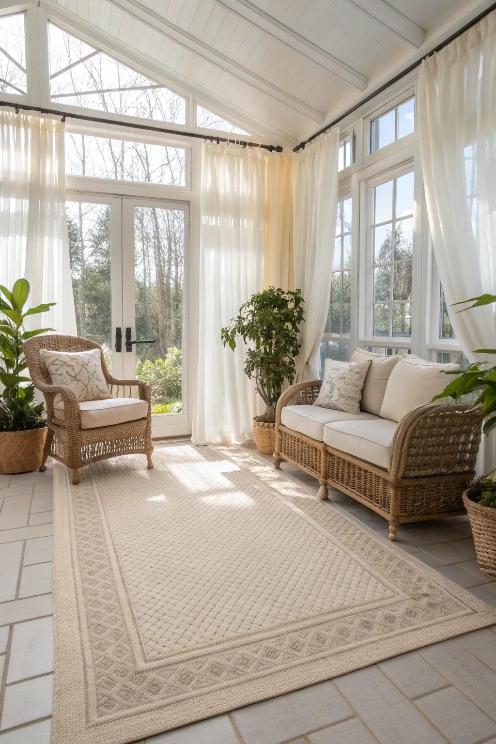 Light-toned rugs enhance your sunroom's natural brightness, creating an open and airy atmosphere.