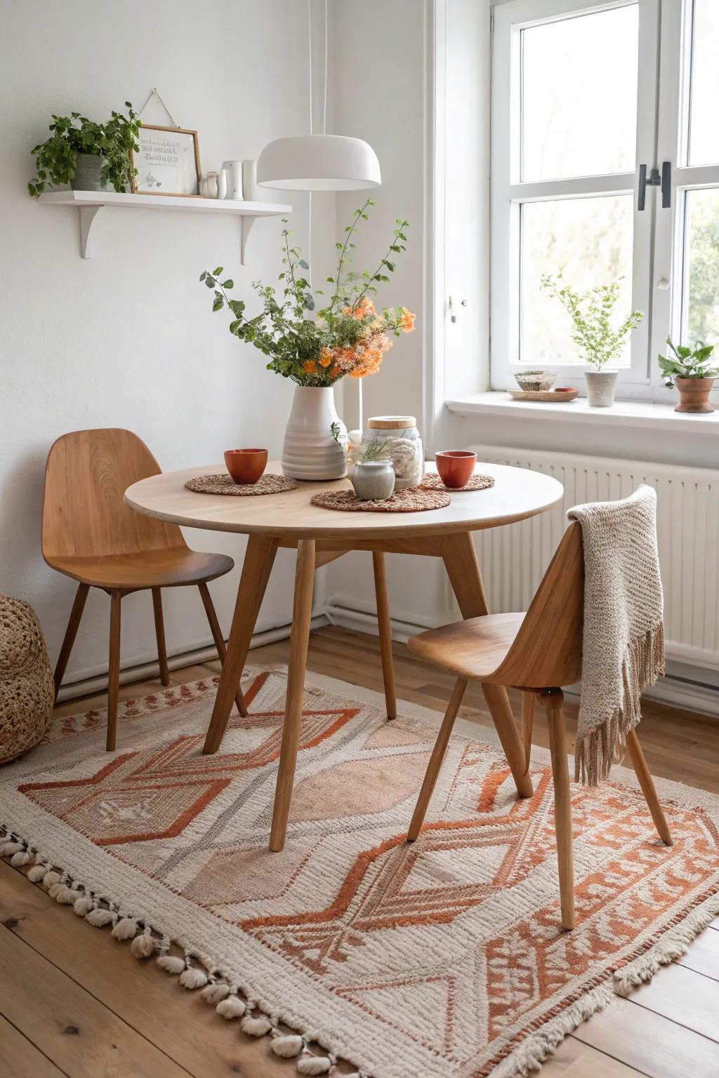 A textured rug anchors your nook, adding warmth and character.