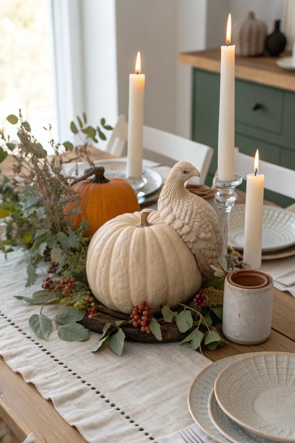 Set the scene with a pumpkin turkey centerpiece that invites warmth to your table.