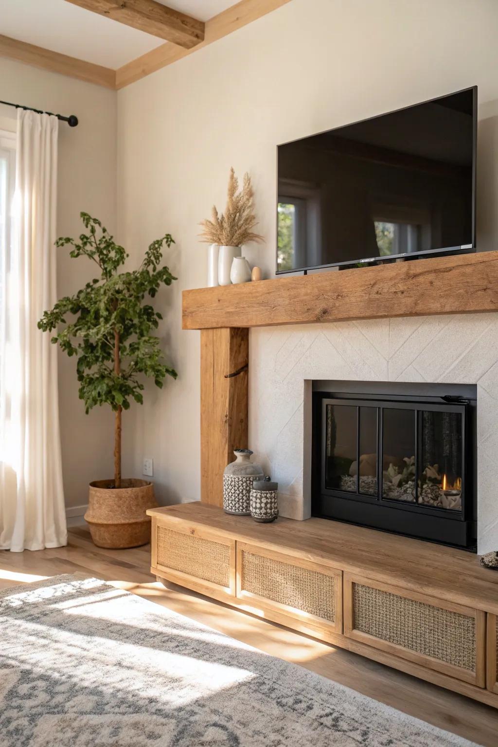 A floating mantel offers a sleek, modern touch to your fireplace and TV setup.