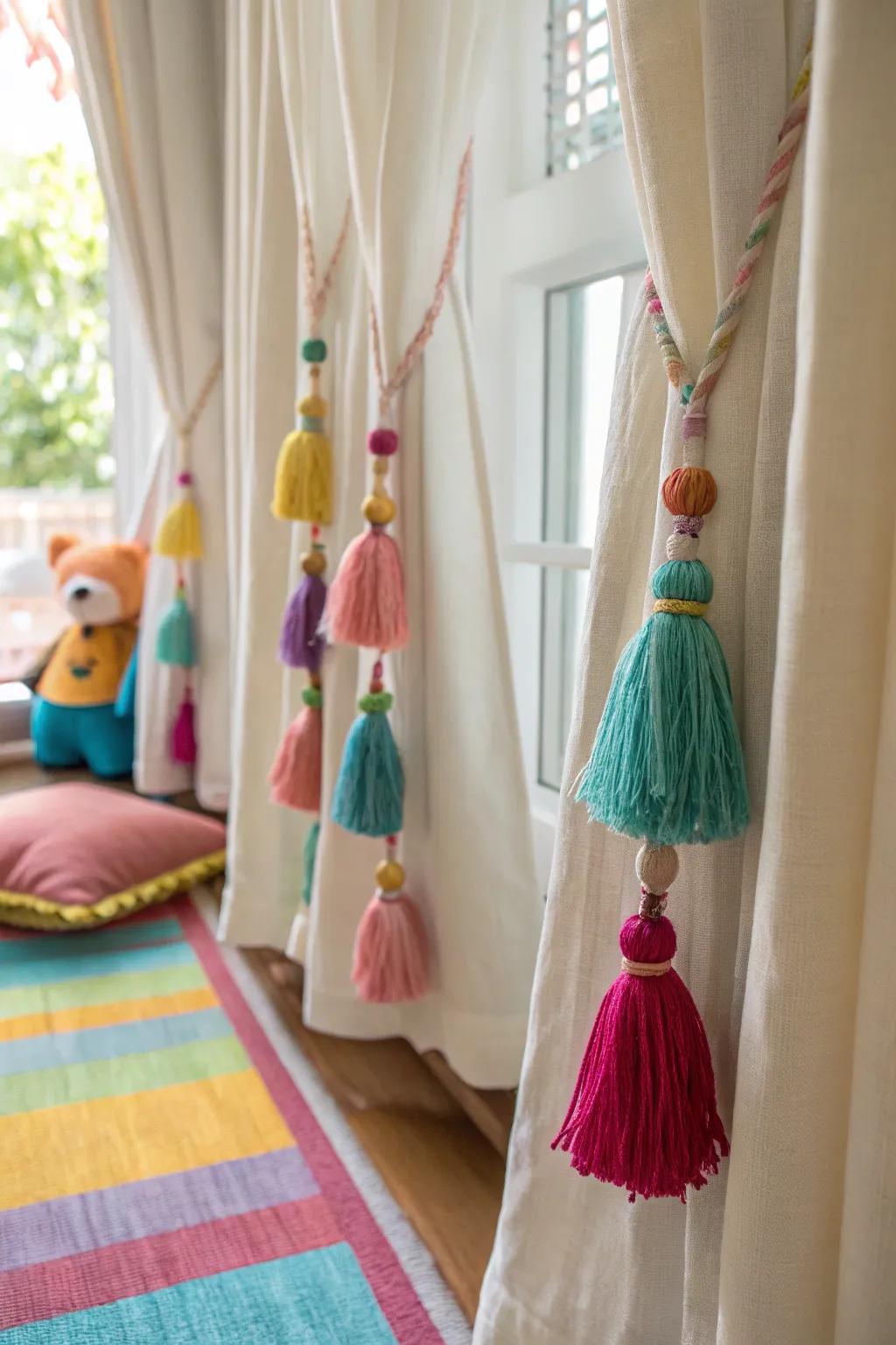 Infuse playfulness with colorful tassel accents on your curtains, perfect for kids' rooms.