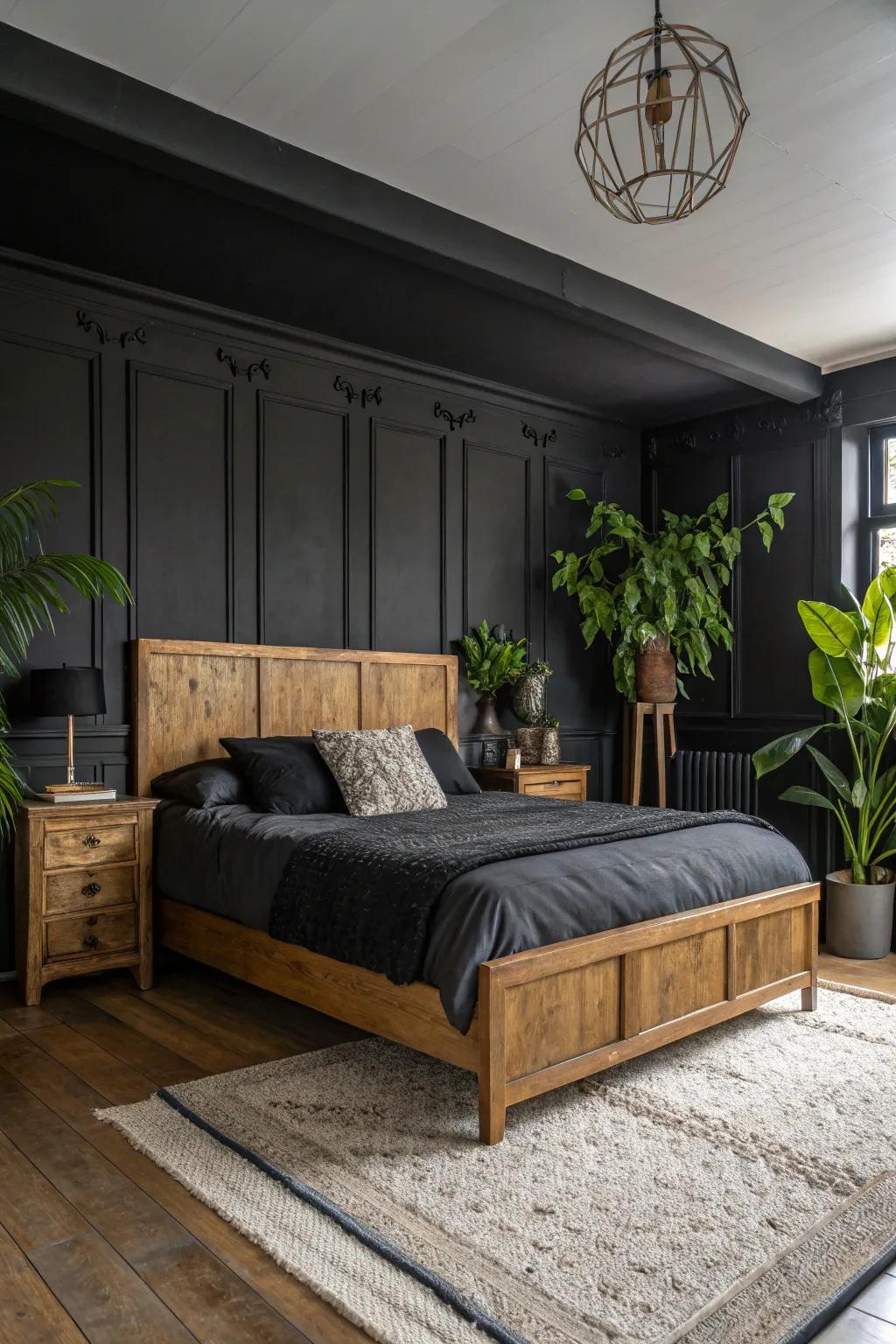 Natural wood elements bring warmth and balance to your sleek black bedroom. #HomeDesign #WarmInteriors 🌿