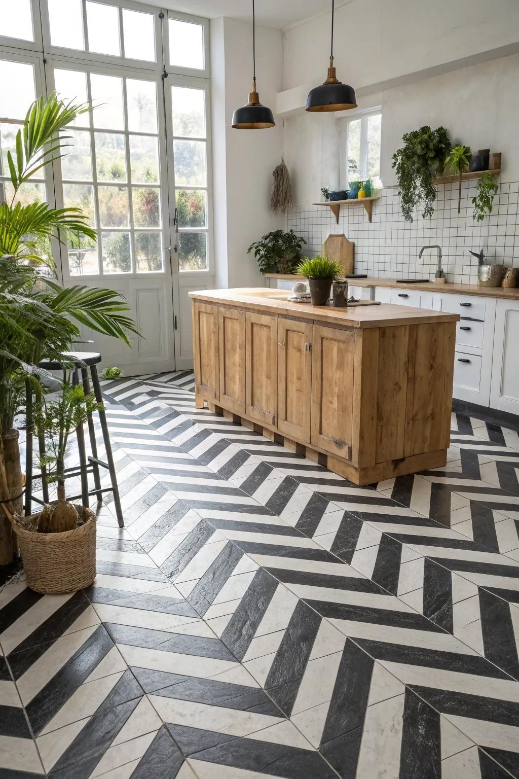 Add dynamic movement to your kitchen with chevron tiles. #Chevron #DynamicDesign #BoldKitchen