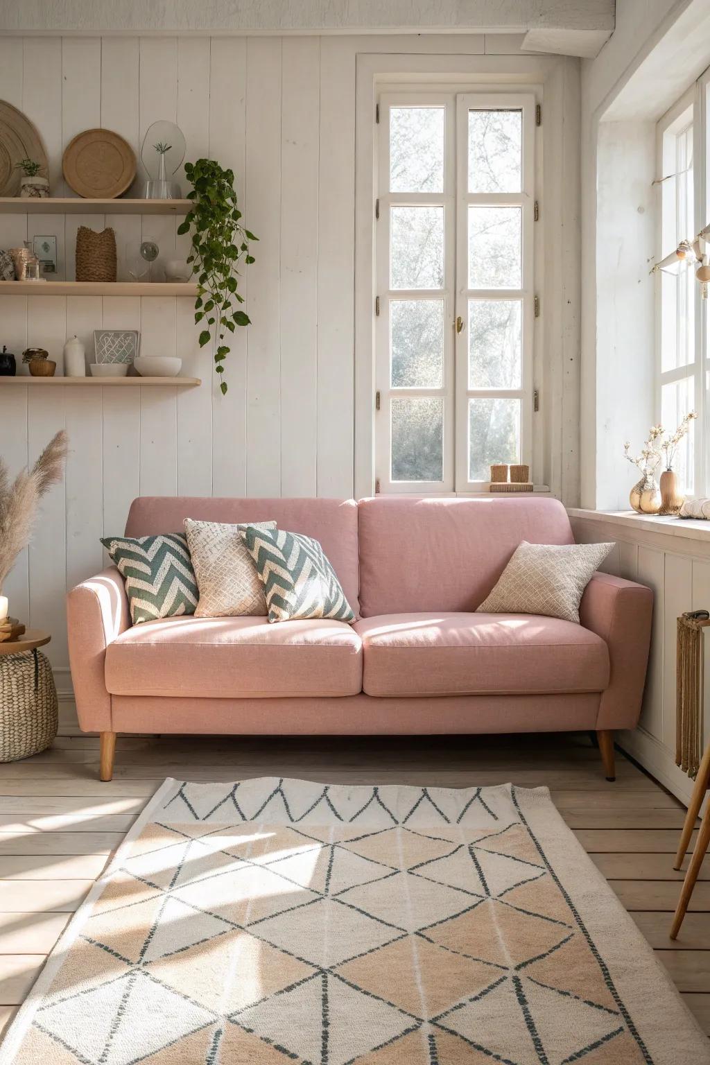 Achieve geometric harmony with a blush couch amidst structured patterns.
