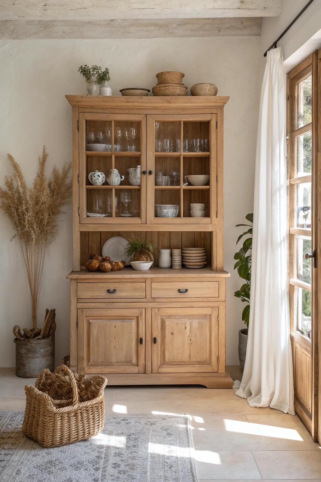 Add warmth and nostalgia with a vintage-inspired hutch that charms every guest. #VintageStyle #InteriorDesign