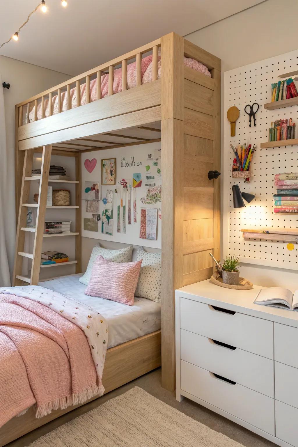 Get creative with mounted pegboards, offering customizable storage for endless possibilities.