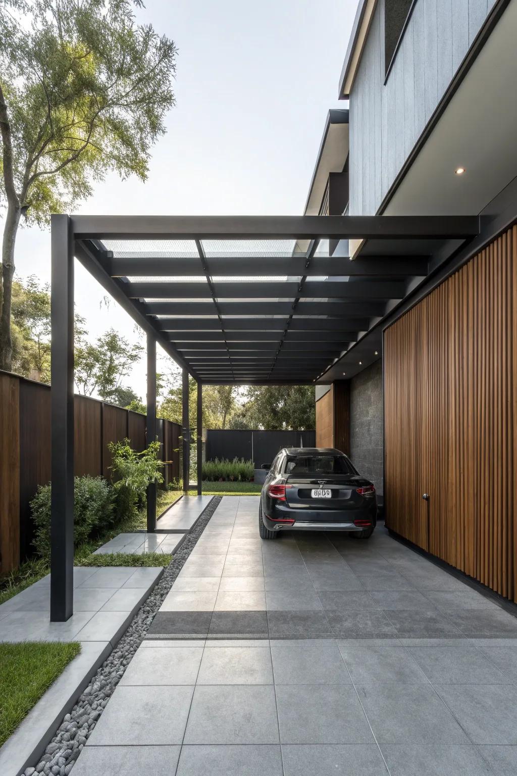 Simplicity meets style with a minimalist metal frame carport that speaks to modern design.
