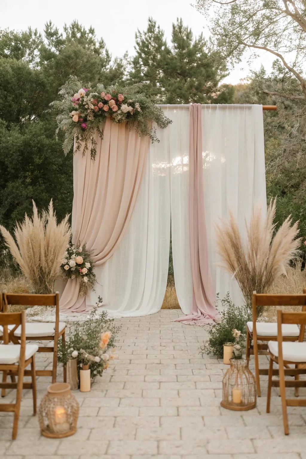 Fabric backdrops add a stunning focal point to your wedding. 🎨 #WeddingBackdrop #FabricDecor #CeremonyIdeas