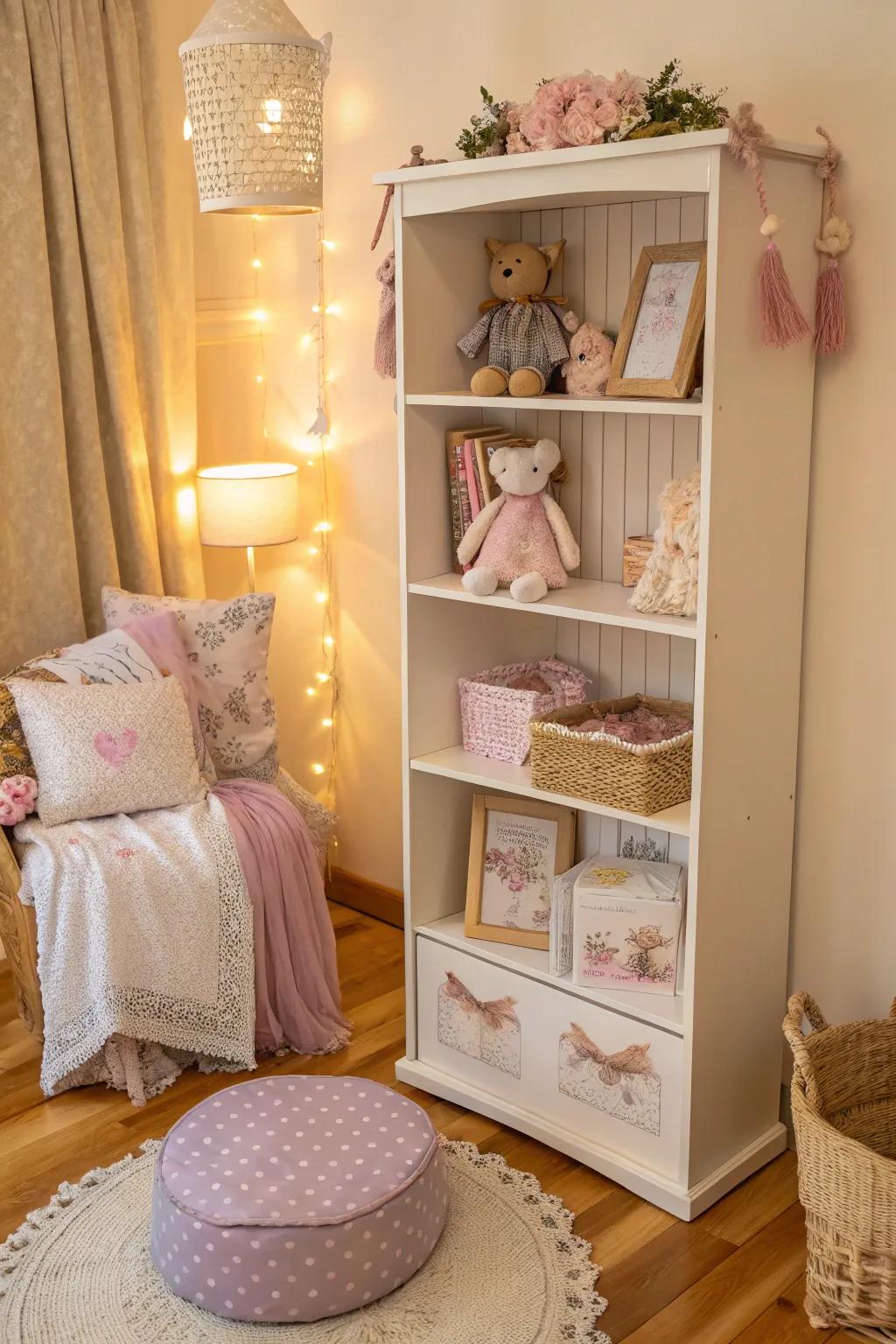 Transform a bookcase into a striking display for your doll collection.