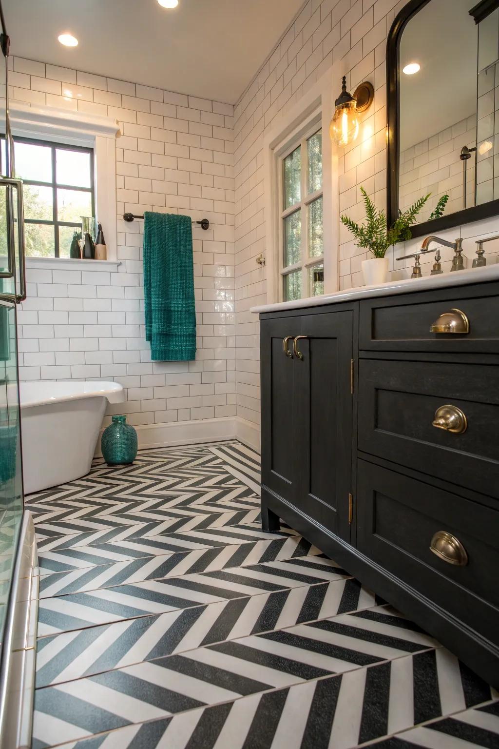 Create drama with timeless black and white contrasts in your farmhouse bathroom. 🖤🤍 #BlackAndWhite #FarmhouseStyle #BathroomInspo