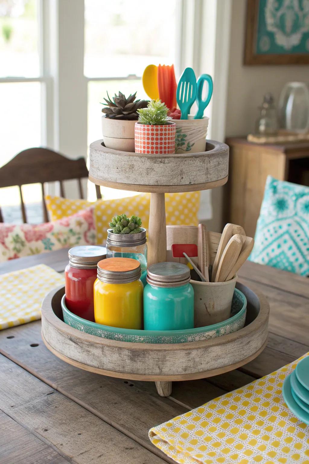 Combine style and function by displaying kitchen essentials on your farmhouse tiered tray.