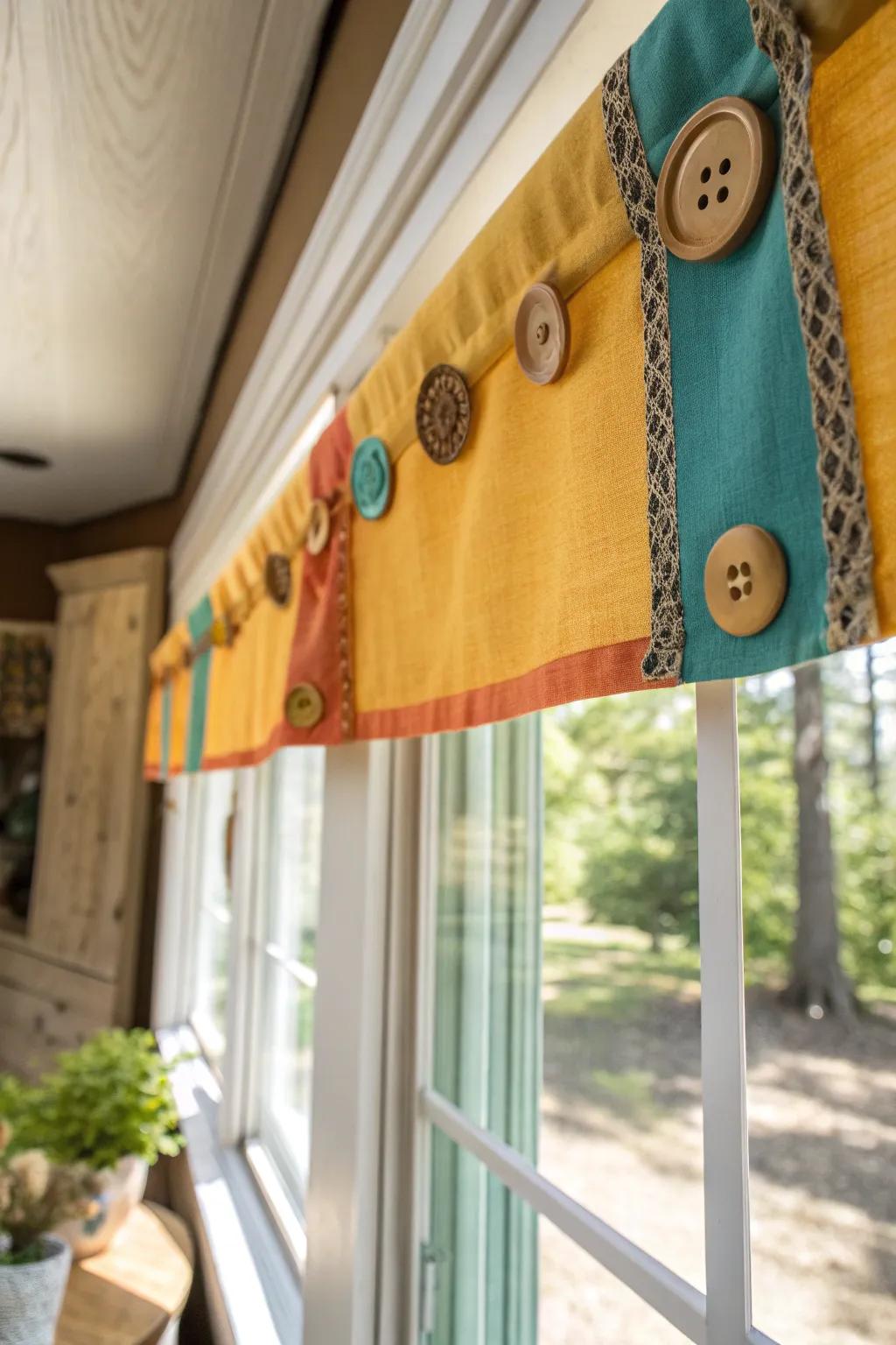 Antique buttons add bespoke charm, making simple valances uniquely personal.