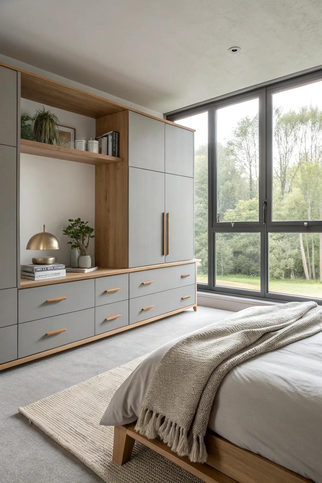 Keep your grey bedroom organized with stylish built-in storage solutions.