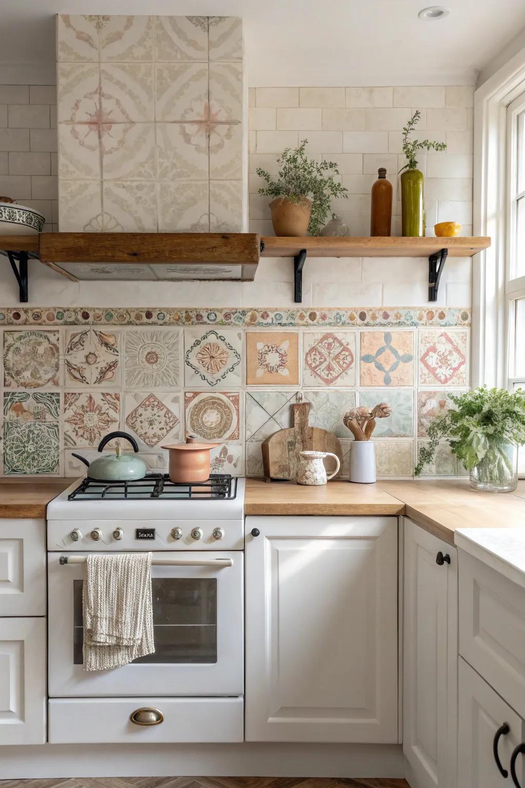 Infuse your kitchen with vintage charm using retro tiles in soft pastels.