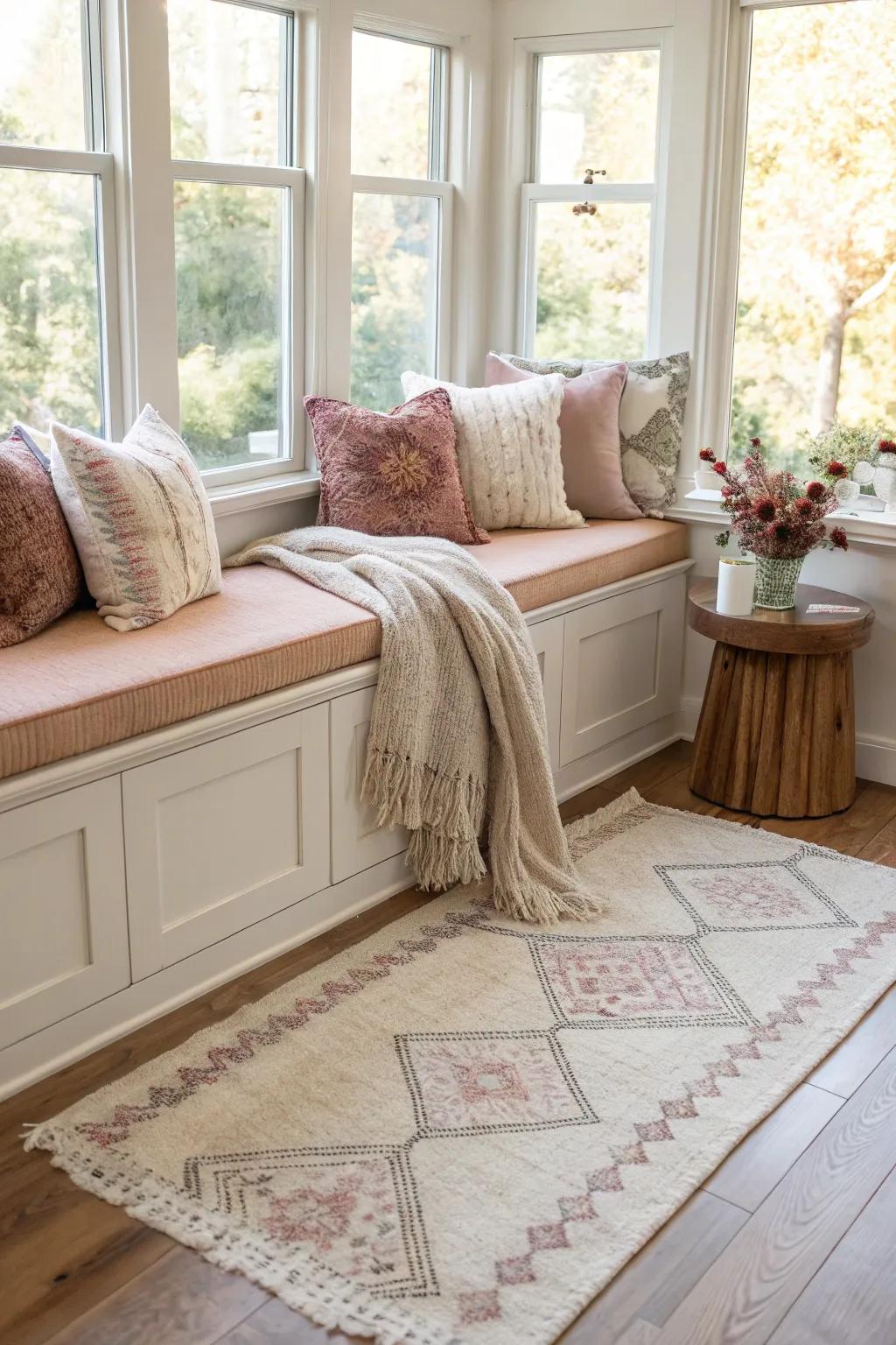 A plush rug under your bay window seat adds warmth and comfort to the kitchen space.