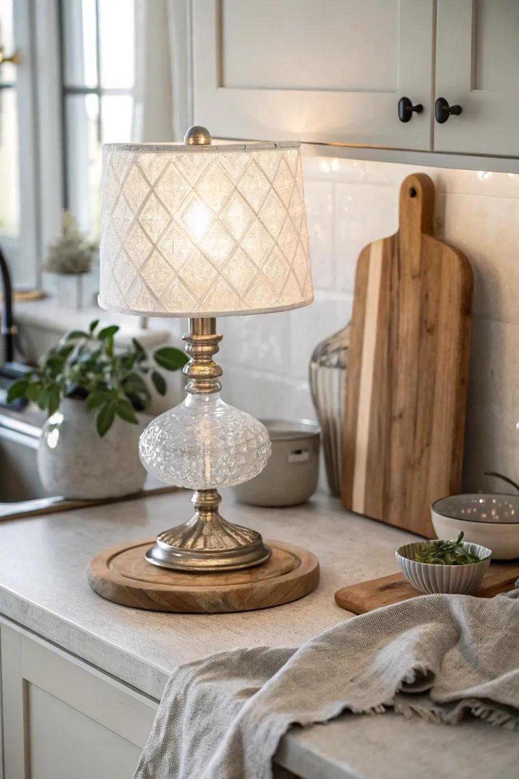 Let your kitchen sparkle with a glass lamp that adds a glam touch. ✨ #GlamKitchen #GlassDecor