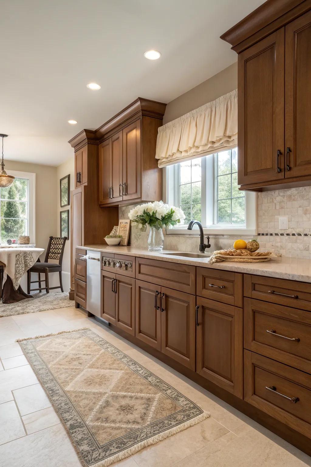 Brighten your kitchen with light flooring that complements brown cabinetry.